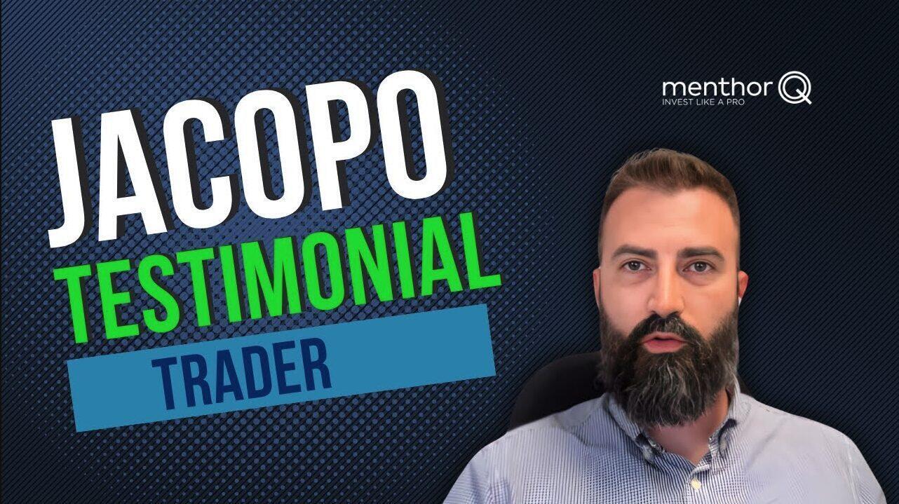 Professional trader Jacopo giving testimonial video with Menthor Q branding and text overlay on dark textured background