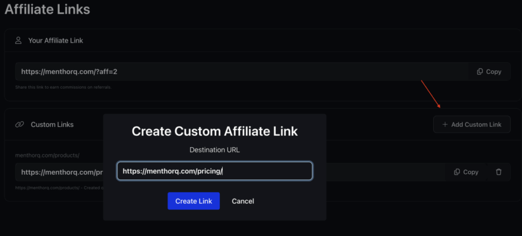 Affiliate Program Setup - Add Custom Link