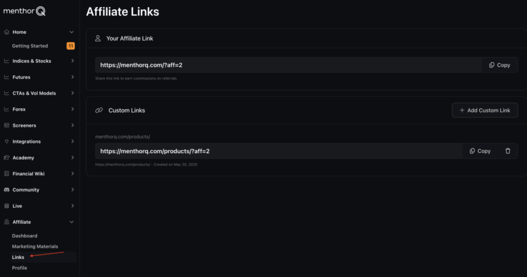 Affiliate Program Setup - Custom Links