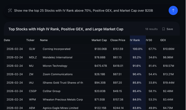 Home - Show me the top 25 Stocks with IV Rank above 70 Positive GEX and Market Cap over 20B e7db4e78